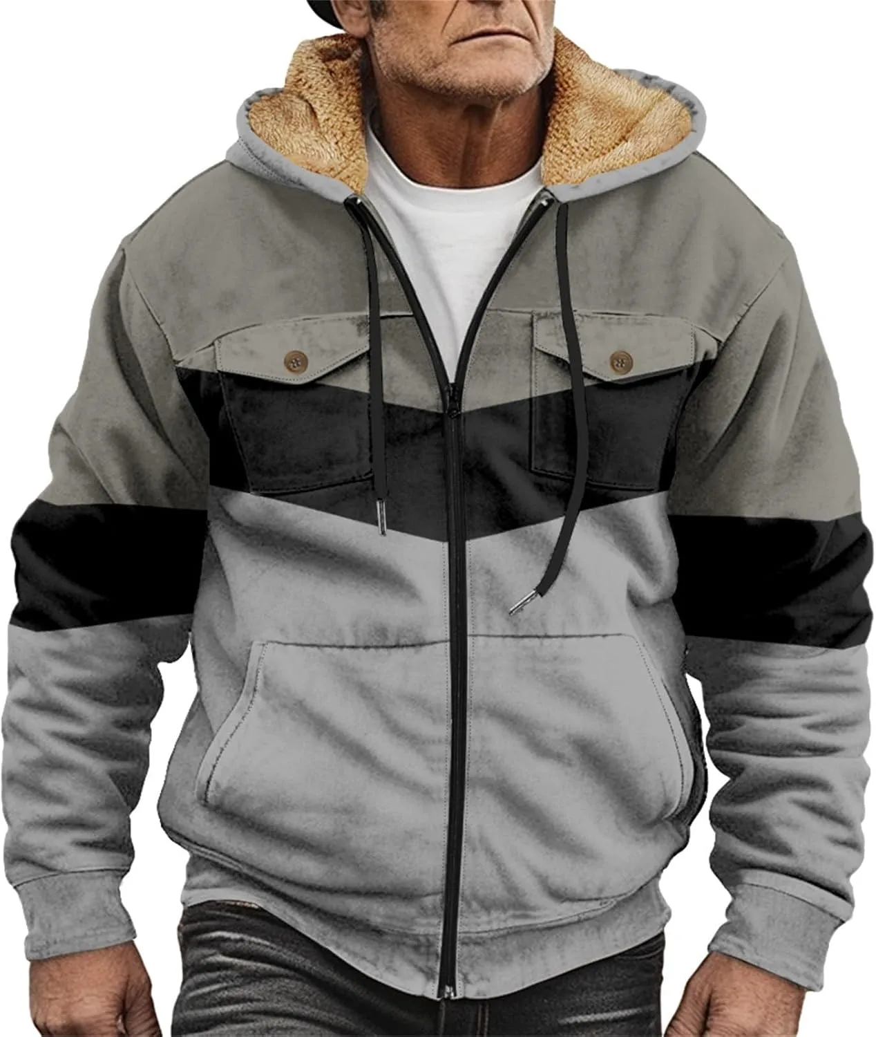 Mens Winter Jacket Sherpa With Hood Warm Coats Fleece Zipper Hoodie Big Tall Heavyweight Fall Outfits With Pockets