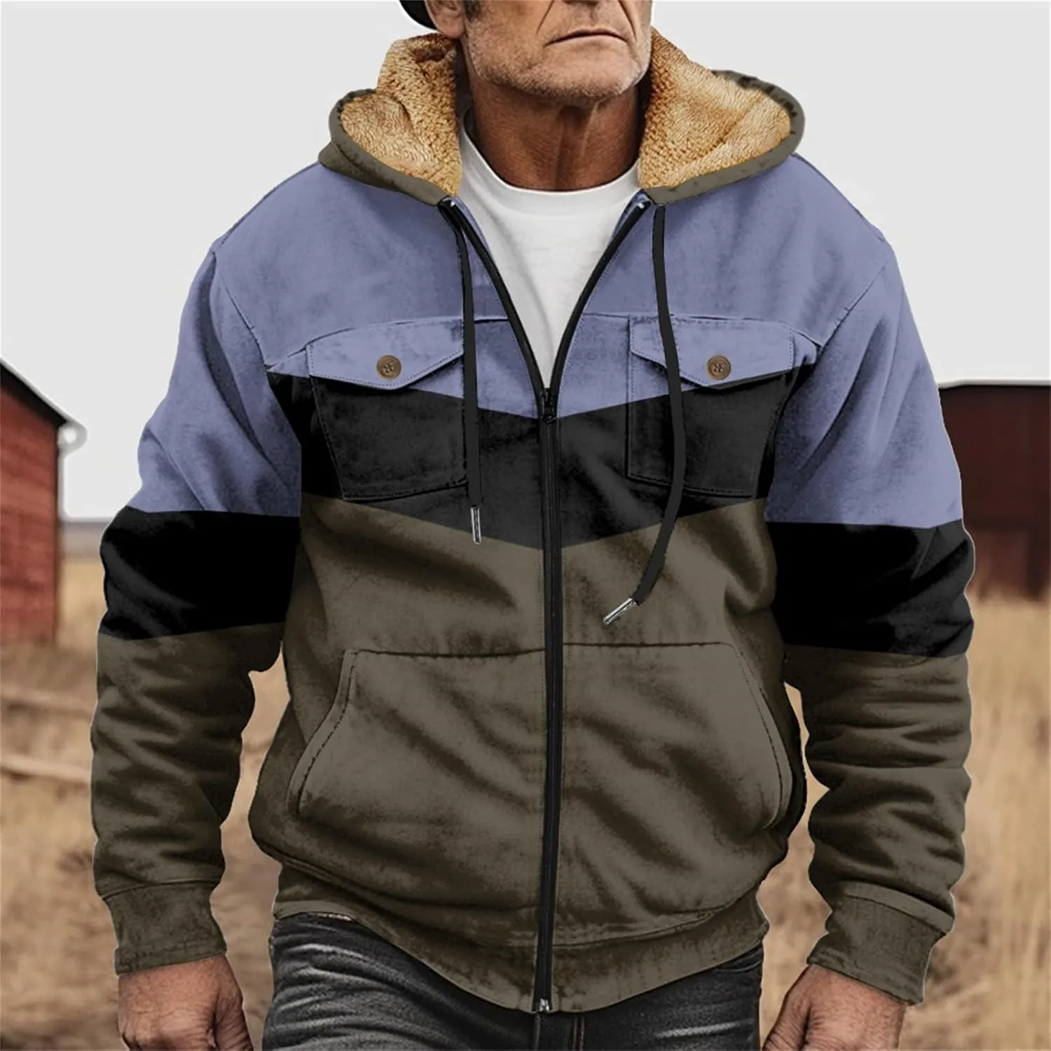 Mens Winter Jacket Sherpa With Hood Warm Coats Fleece Zipper Hoodie Big Tall Heavyweight Fall Outfits With Pockets