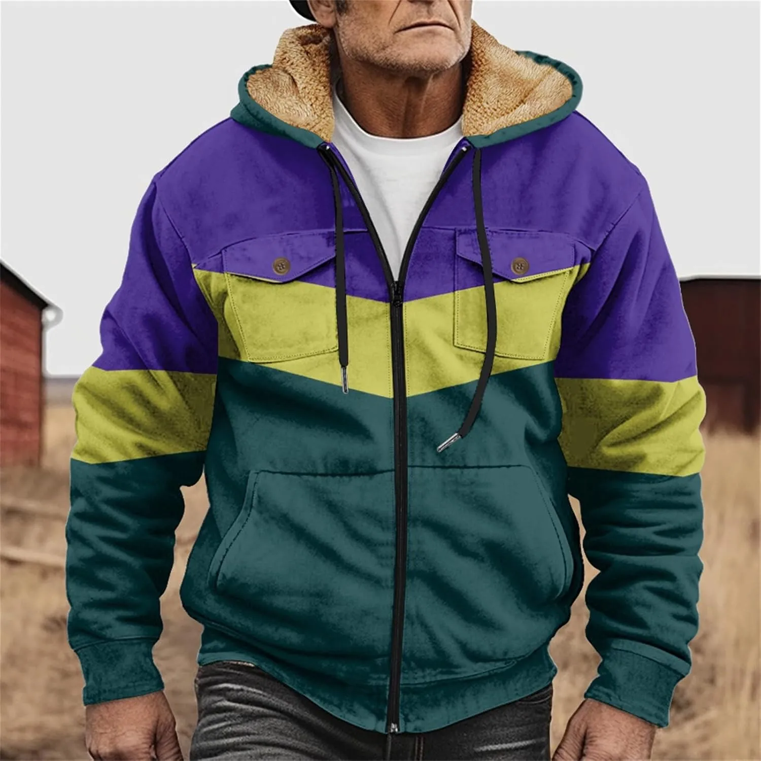 Mens Winter Jacket Sherpa With Hood Warm Coats Fleece Zipper Hoodie Big Tall Heavyweight Fall Outfits With Pockets