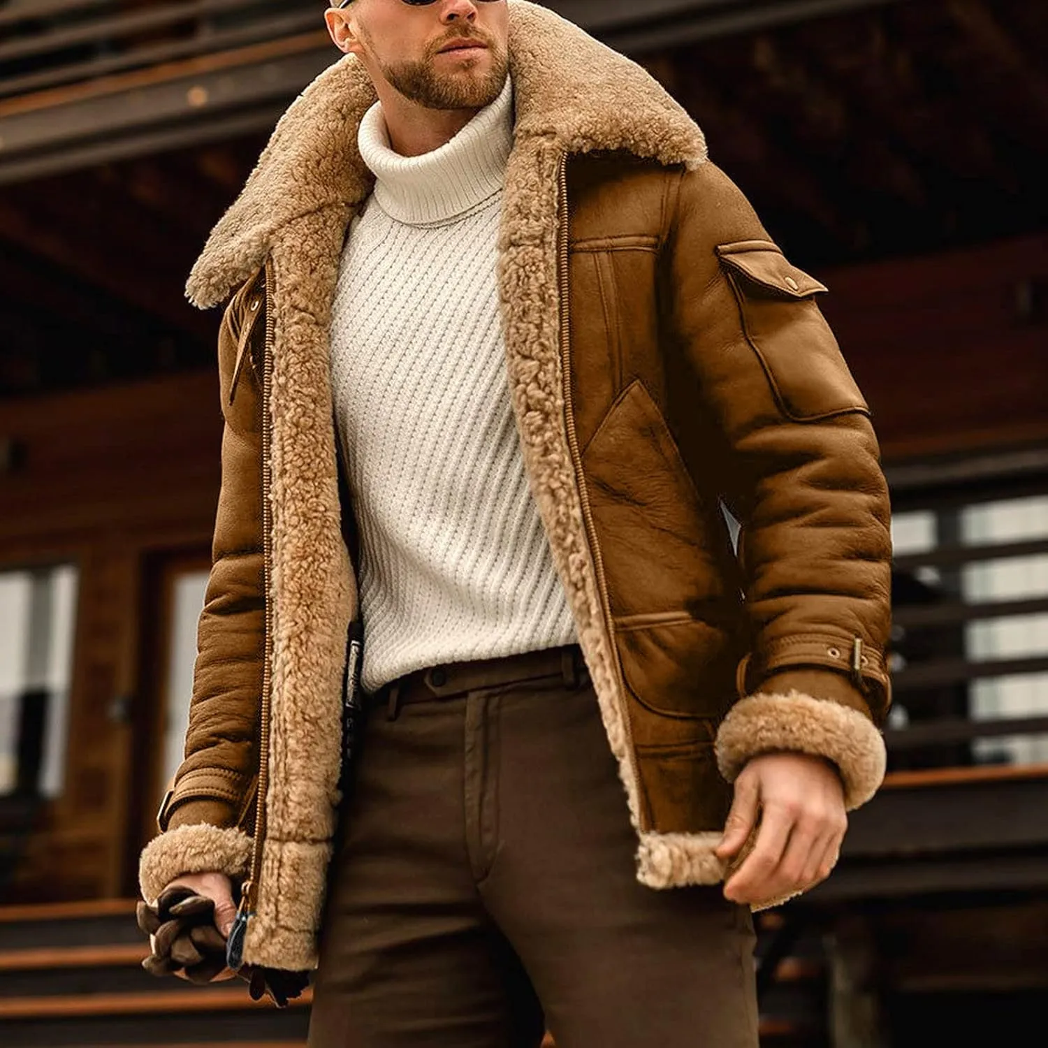 Mens Winter Relaxed Fit Sherpa-Lined Utility Jacket Western Vintage Fleece Lined Trucker Jacket Outdoor Parka Coat