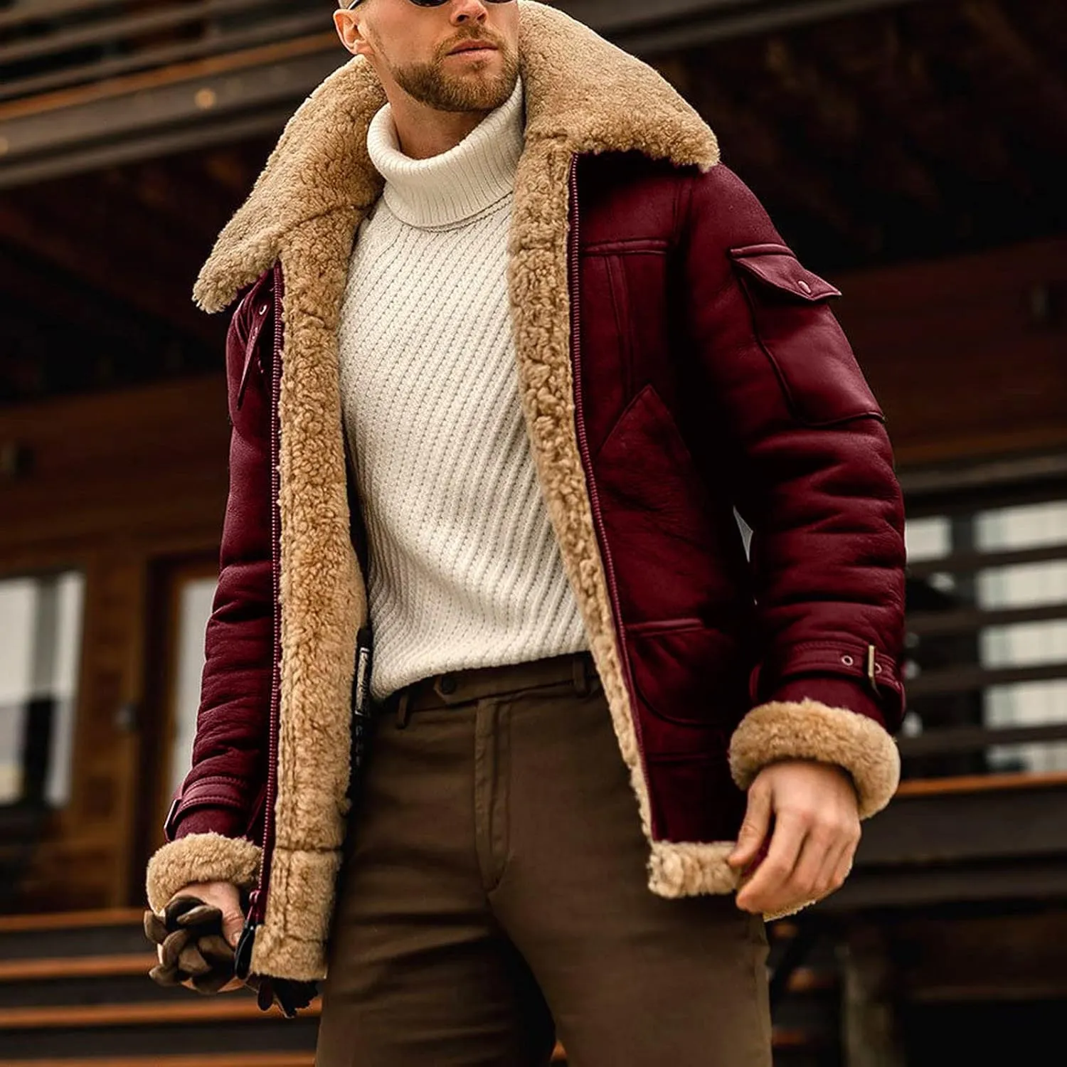 Mens Winter Relaxed Fit Sherpa-Lined Utility Jacket Western Vintage Fleece Lined Trucker Jacket Outdoor Parka Coat