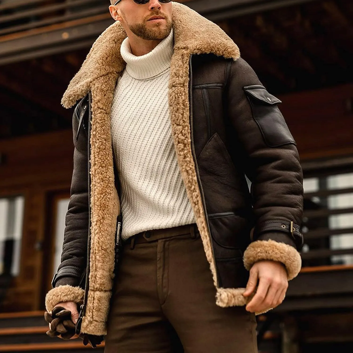 Mens Winter Relaxed Fit Sherpa-Lined Utility Jacket Western Vintage Fleece Lined Trucker Jacket Outdoor Parka Coat