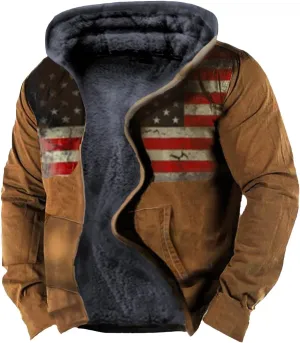 Men's Winter Warm Coats Zip Up Western Fleece Jackets Casual Retro Patriotic Sherpa Jacket Fall Country Cowboy Coats