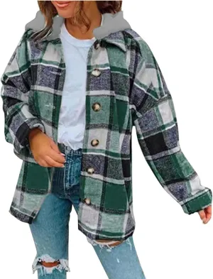 Mmoneyake Women's 2023 Plaid Shirt Jacket Shacket Long Sleeve Button Down Wool Blend Hooded Jackets Tartan Coat with Pockets