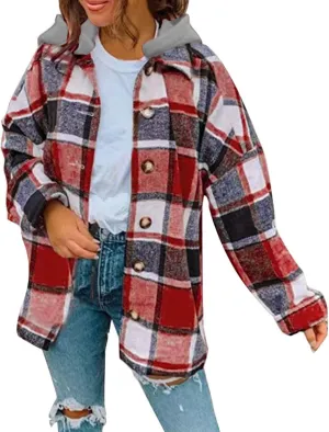 Mmoneyake Women's 2023 Plaid Shirt Jacket Shacket Long Sleeve Button Down Wool Blend Hooded Jackets Tartan Coat with Pockets