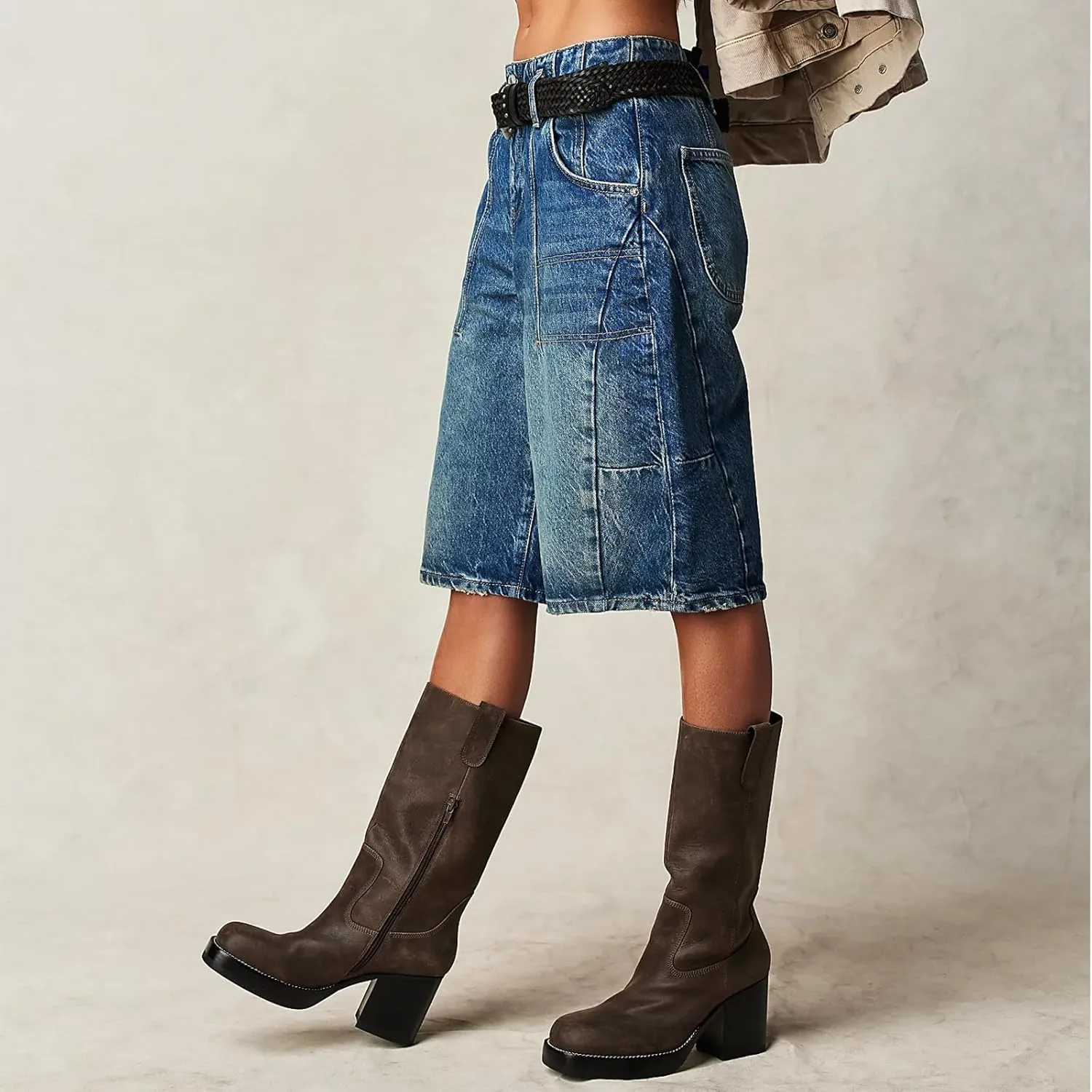 Mxiqqpltky Womens Denim Shorts Y2k High Waisted Wide Leg Boyfriend Knee Length Baggy Jean Shorts Streetwear