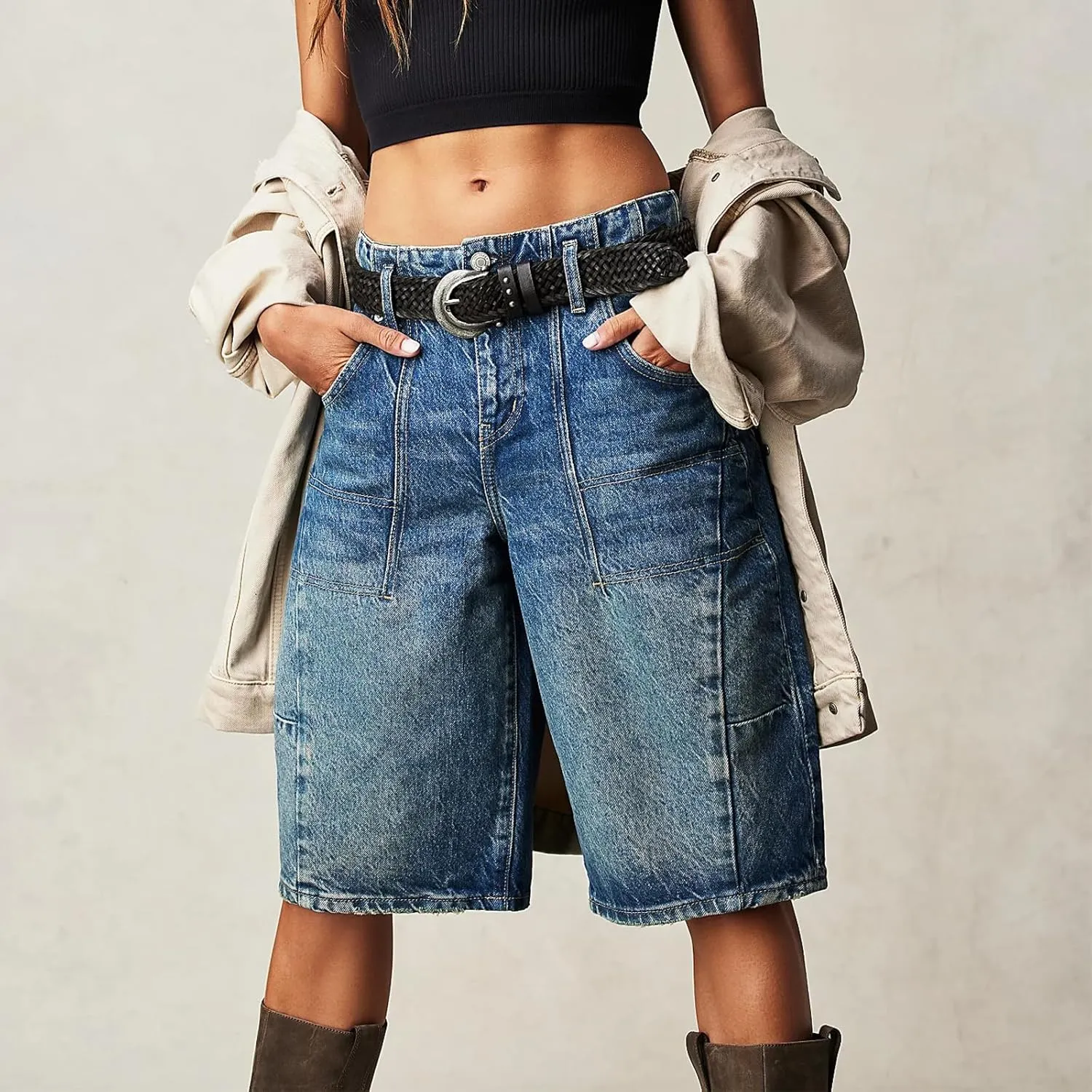 Mxiqqpltky Womens Denim Shorts Y2k High Waisted Wide Leg Boyfriend Knee Length Baggy Jean Shorts Streetwear