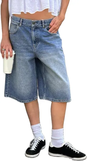 Mxiqqpltky Womens Denim Shorts Y2k High Waisted Wide Leg Boyfriend Knee Length Baggy Jean Shorts Streetwear