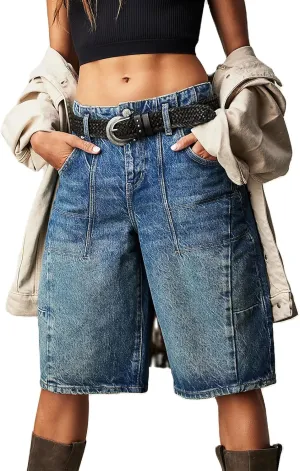 Mxiqqpltky Womens Denim Shorts Y2k High Waisted Wide Leg Boyfriend Knee Length Baggy Jean Shorts Streetwear