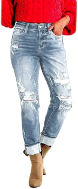 Mypeachd Jeans, Mypeachd Pants, Stretch High Waisted Tummy Control Distressed Cuffed Boyfriend Jeans for Women