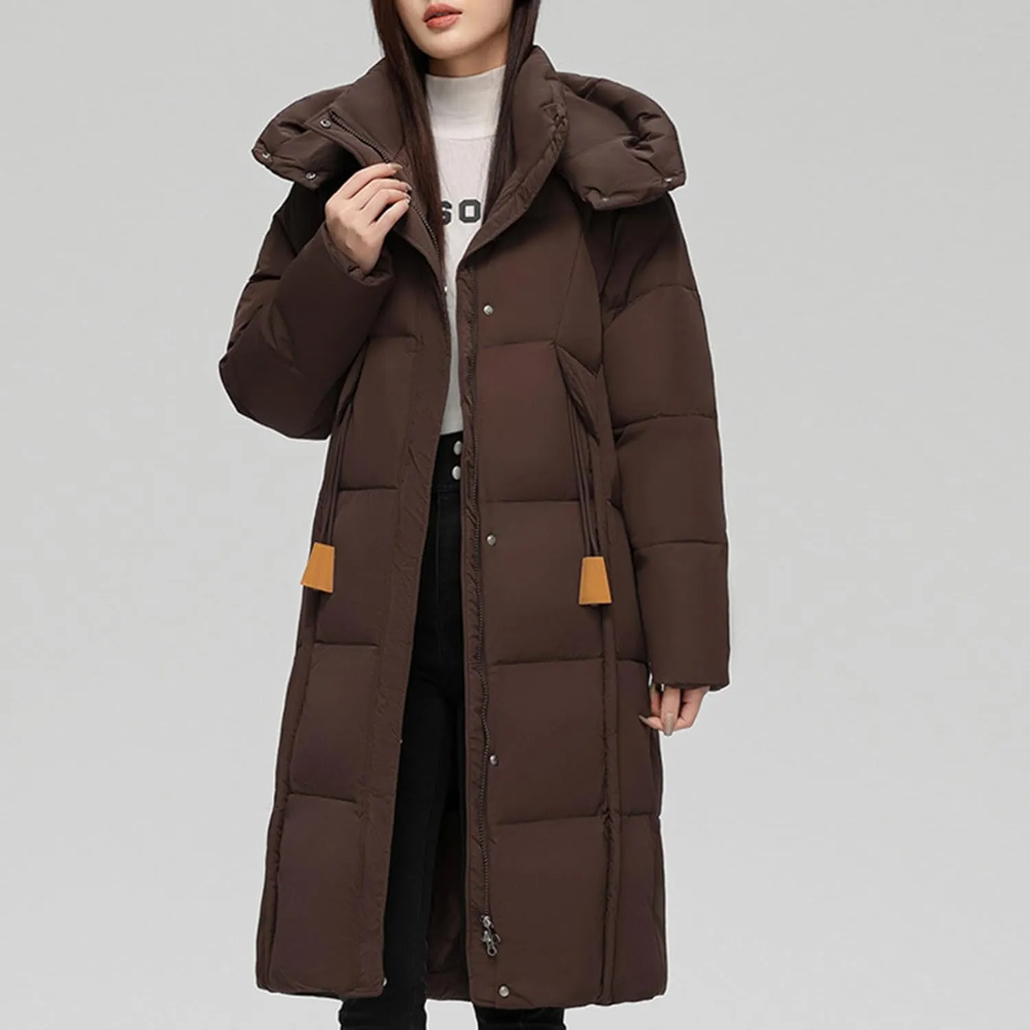 NATHGAM Long Down Coat Women Casual Turtleneck Thicken Winter Warm Hooded Puffer Coat Cotton Padded Zip Long Sleeve Outwears