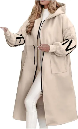 NATHGAM Women Wool Long Trench Coat Casual Oversized Zip Up Knitted Sleeve Hooded Sweatshirts Wool Blend Overcoat with Pocket
