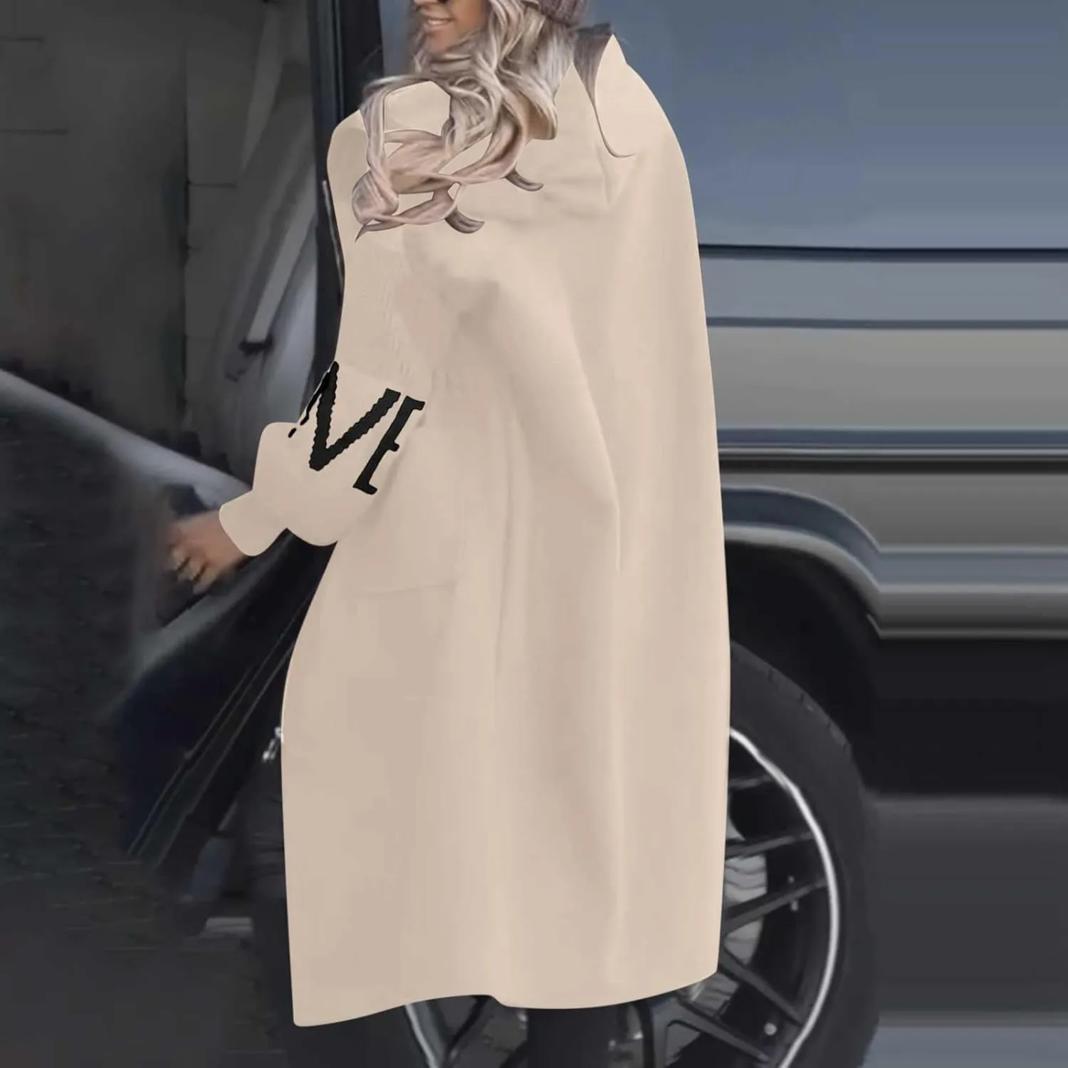 NATHGAM Women Wool Long Trench Coat Casual Oversized Zip Up Knitted Sleeve Hooded Sweatshirts Wool Blend Overcoat with Pocket