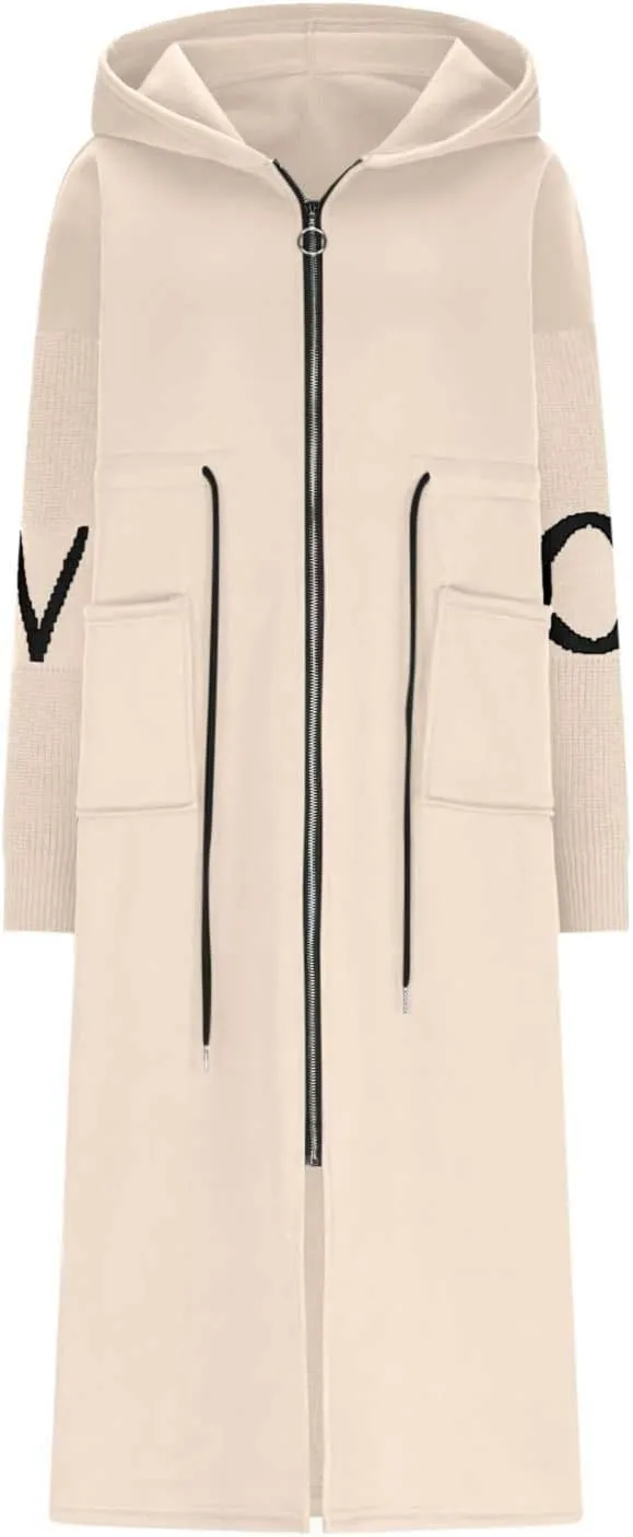 NATHGAM Women Wool Long Trench Coat Casual Oversized Zip Up Knitted Sleeve Hooded Sweatshirts Wool Blend Overcoat with Pocket