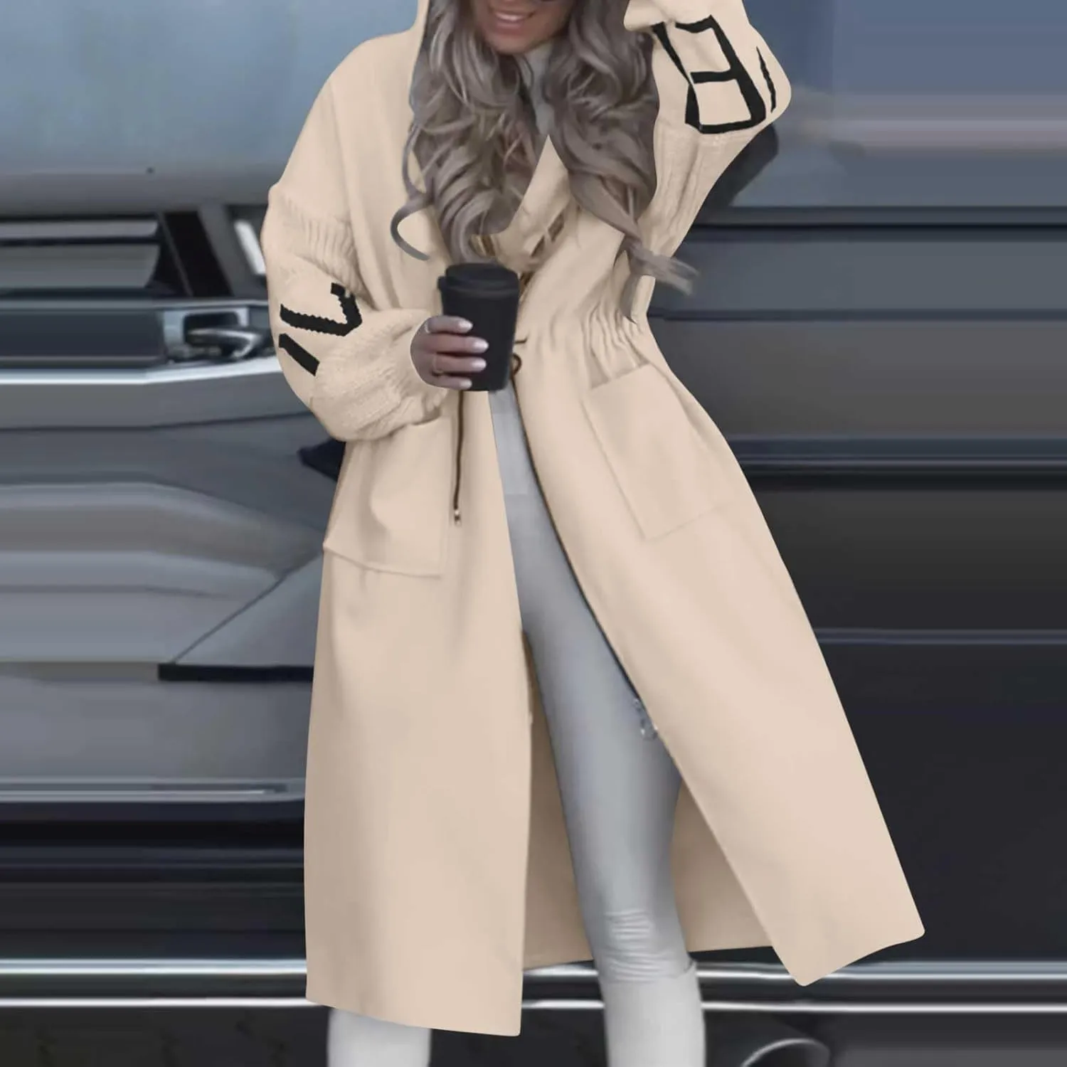 NATHGAM Women Wool Long Trench Coat Casual Oversized Zip Up Knitted Sleeve Hooded Sweatshirts Wool Blend Overcoat with Pocket