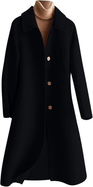 NATHGAM Women's Winter Coat Casual Trendy Elegant Coat Lapel Single Breasted Long Wool Coat Thick Formal Office Wool Overcoat