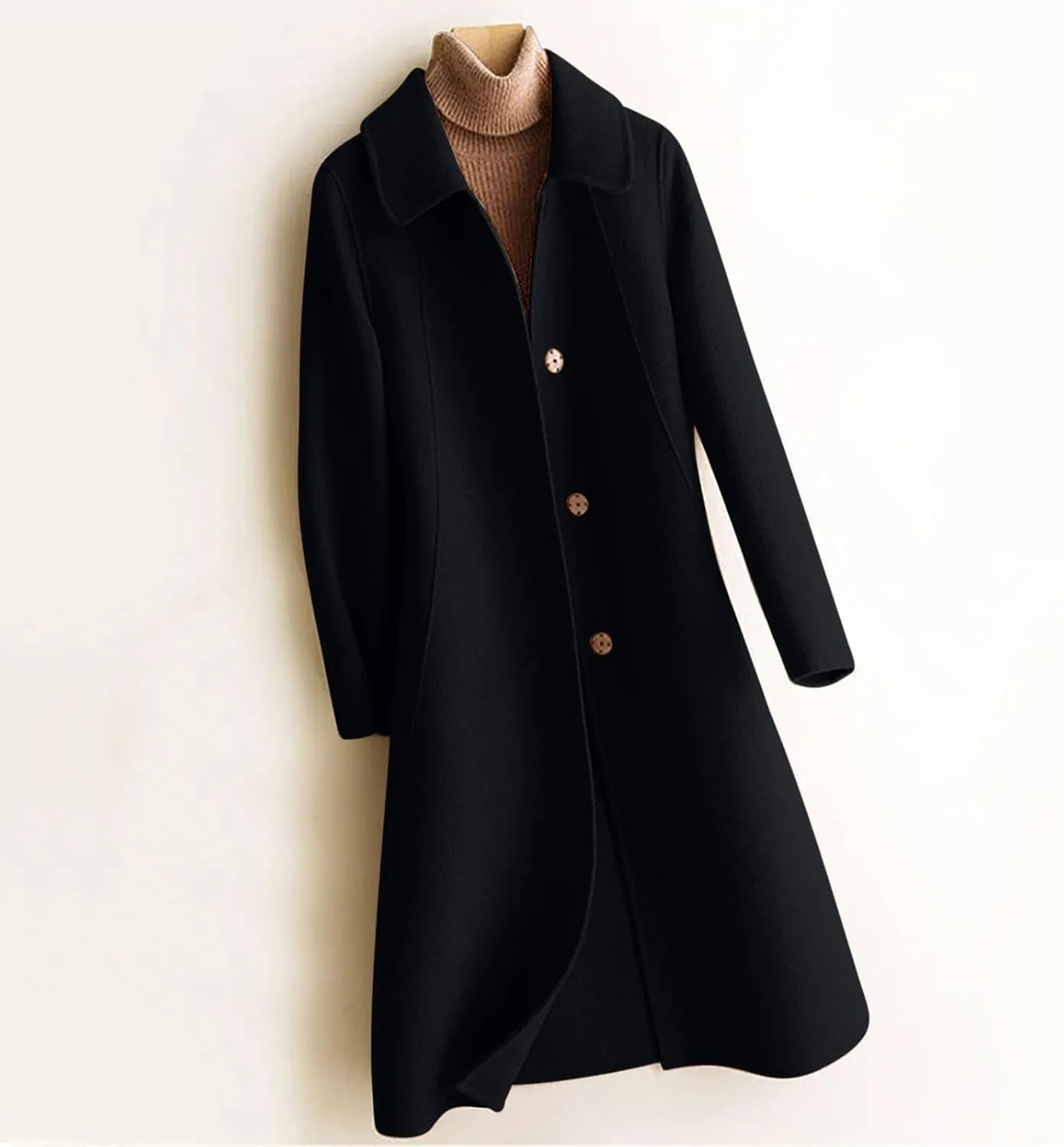 NATHGAM Women's Winter Coat Casual Trendy Elegant Coat Lapel Single Breasted Long Wool Coat Thick Formal Office Wool Overcoat