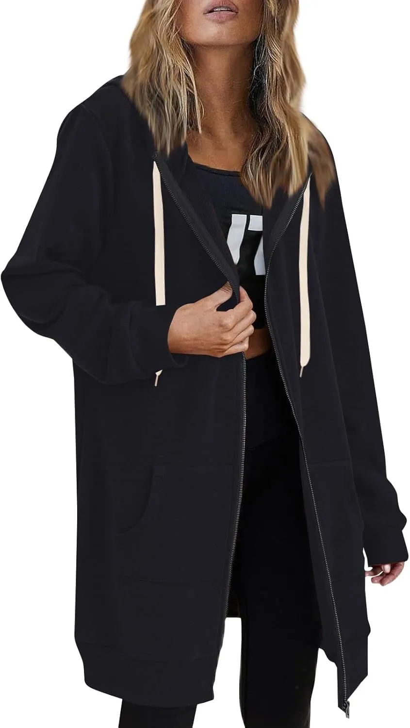 NBXNZWF Women's Zip Up Long Hoodies Casual Long Sleeve Drawstring Hooded Sweatshirts Oversized Fleece Jackets with Pocket