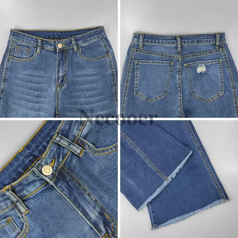 Necooer Womens Flare Jeans Classic Stretch Raw Hem Flare Bell Bottom Denim Jeans Pants