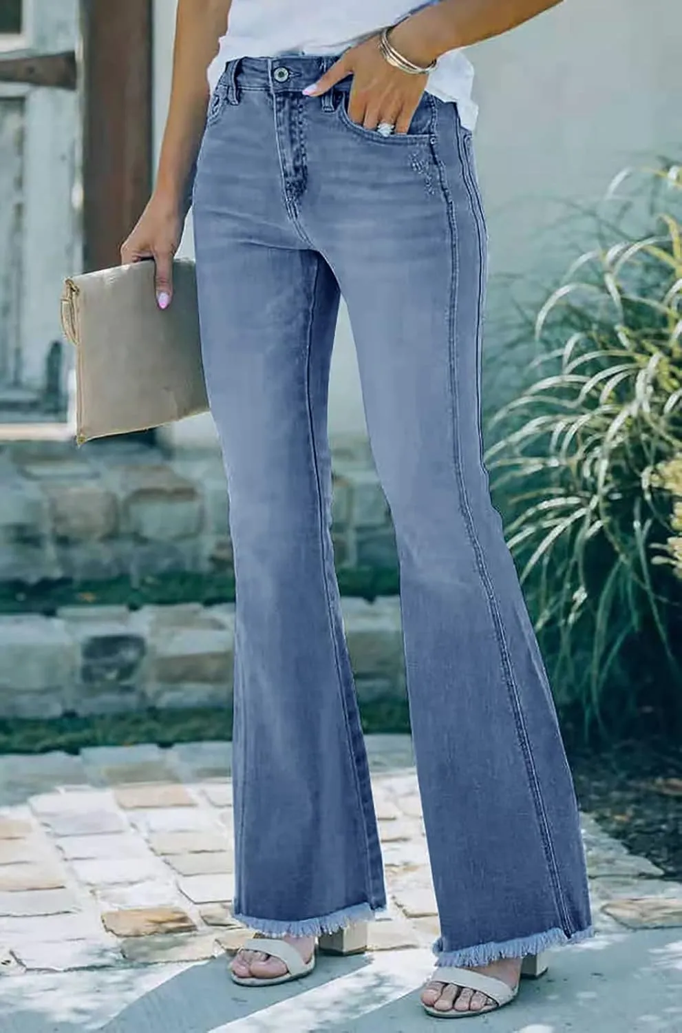 Necooer Womens Flare Jeans Classic Stretch Raw Hem Flare Bell Bottom Denim Jeans Pants