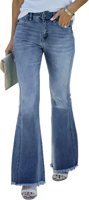 Necooer Womens Flare Jeans Classic Stretch Raw Hem Flare Bell Bottom Denim Jeans Pants