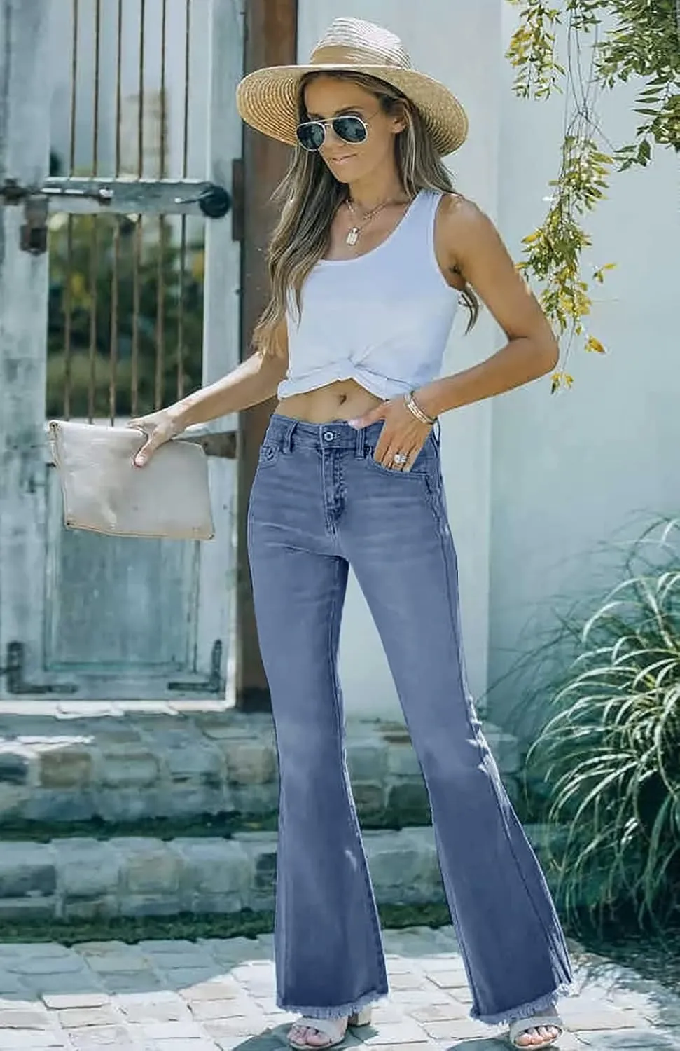 Necooer Womens Flare Jeans Classic Stretch Raw Hem Flare Bell Bottom Denim Jeans Pants