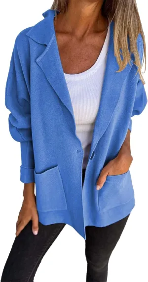 Open Front Cardigan for Women Fall Long Sleeve Lapel Lightweight Coat Trendy Casual Loose Jacket with Pockets