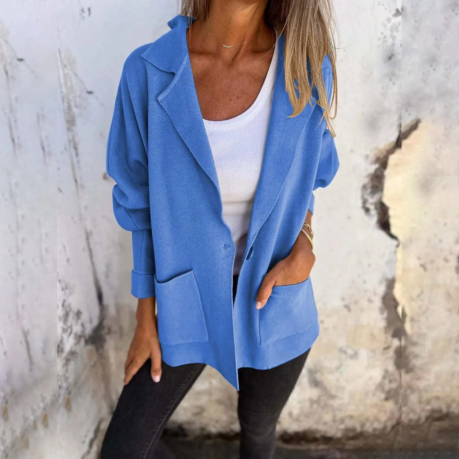 Open Front Cardigan for Women Fall Long Sleeve Lapel Lightweight Coat Trendy Casual Loose Jacket with Pockets