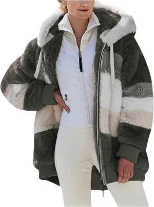 Oversized Fuzzy Fleece Jackets For Women Fashion 2023 Color Block Faux Fur Cardigan Coat Shaggy Warm Winter Outerwear