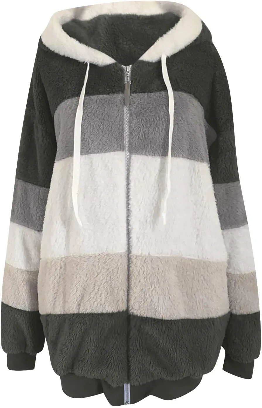 Oversized Fuzzy Fleece Jackets For Women Fashion 2023 Color Block Faux Fur Cardigan Coat Shaggy Warm Winter Outerwear