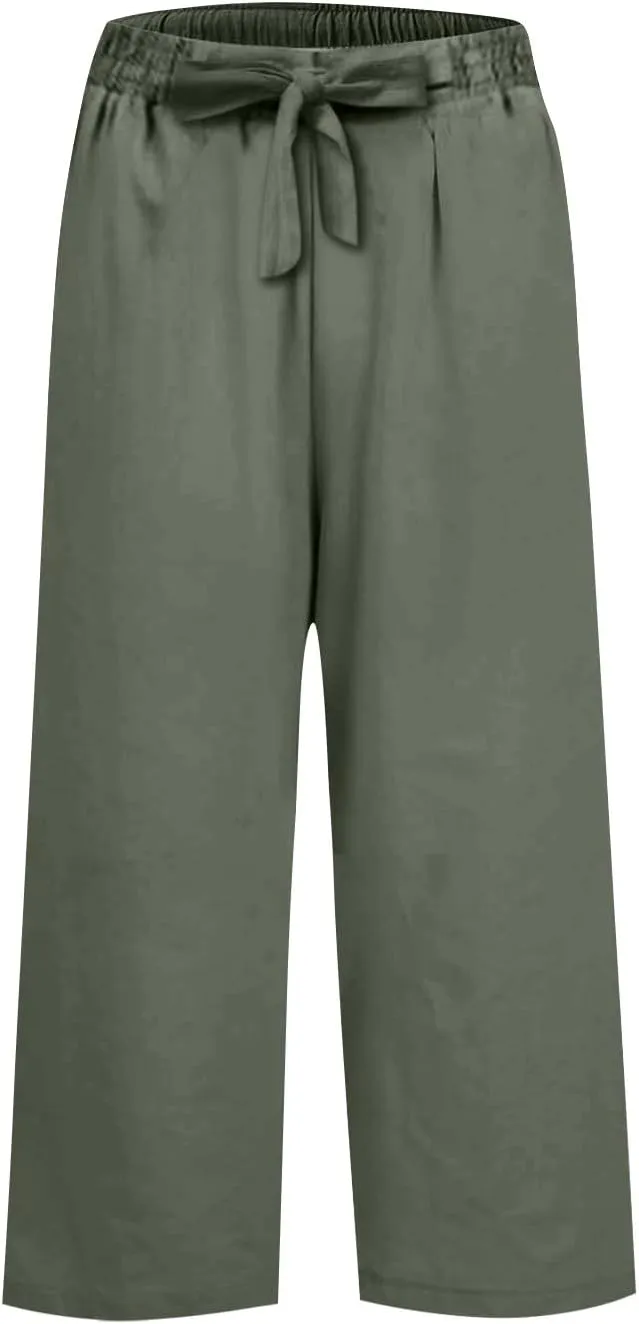Pedal Pushers for Women Wide Leg Linen Capris with Pockets High Waisted Cropped Linen Pants Paperbag Gaucho Pants