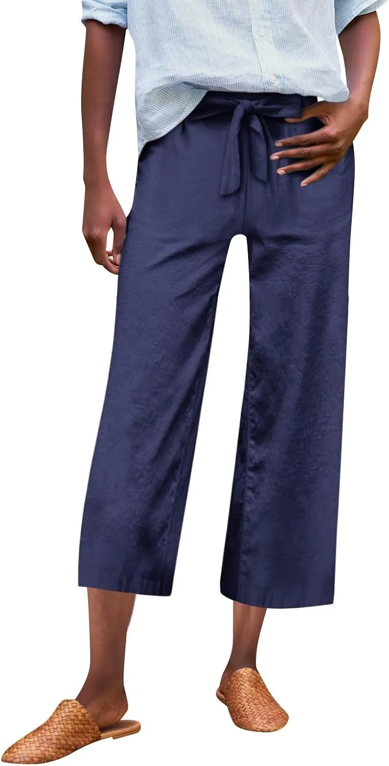 Pedal Pushers for Women Wide Leg Linen Capris with Pockets High Waisted Cropped Linen Pants Paperbag Gaucho Pants