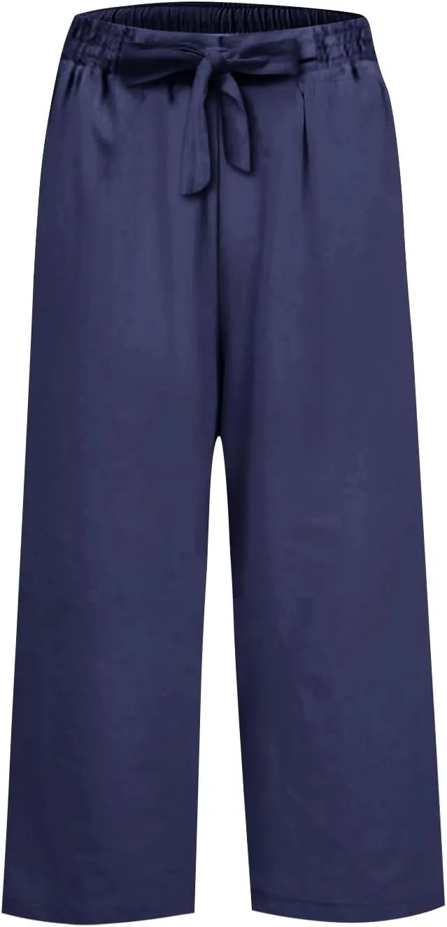 Pedal Pushers for Women Wide Leg Linen Capris with Pockets High Waisted Cropped Linen Pants Paperbag Gaucho Pants