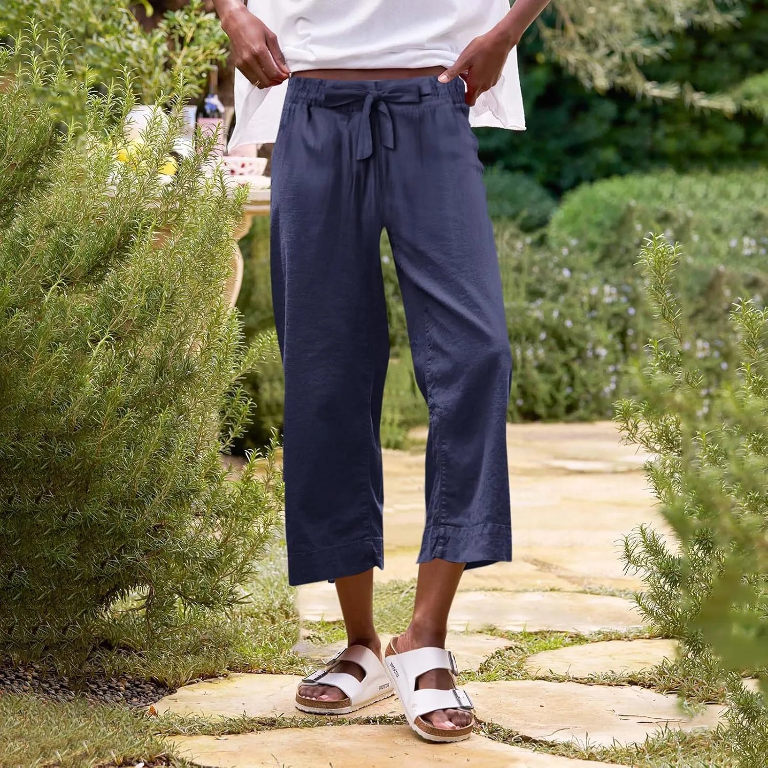 Pedal Pushers for Women Wide Leg Linen Capris with Pockets High Waisted Cropped Linen Pants Paperbag Gaucho Pants