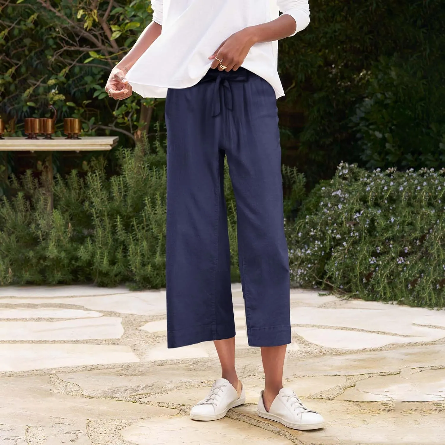Pedal Pushers for Women Wide Leg Linen Capris with Pockets High Waisted Cropped Linen Pants Paperbag Gaucho Pants