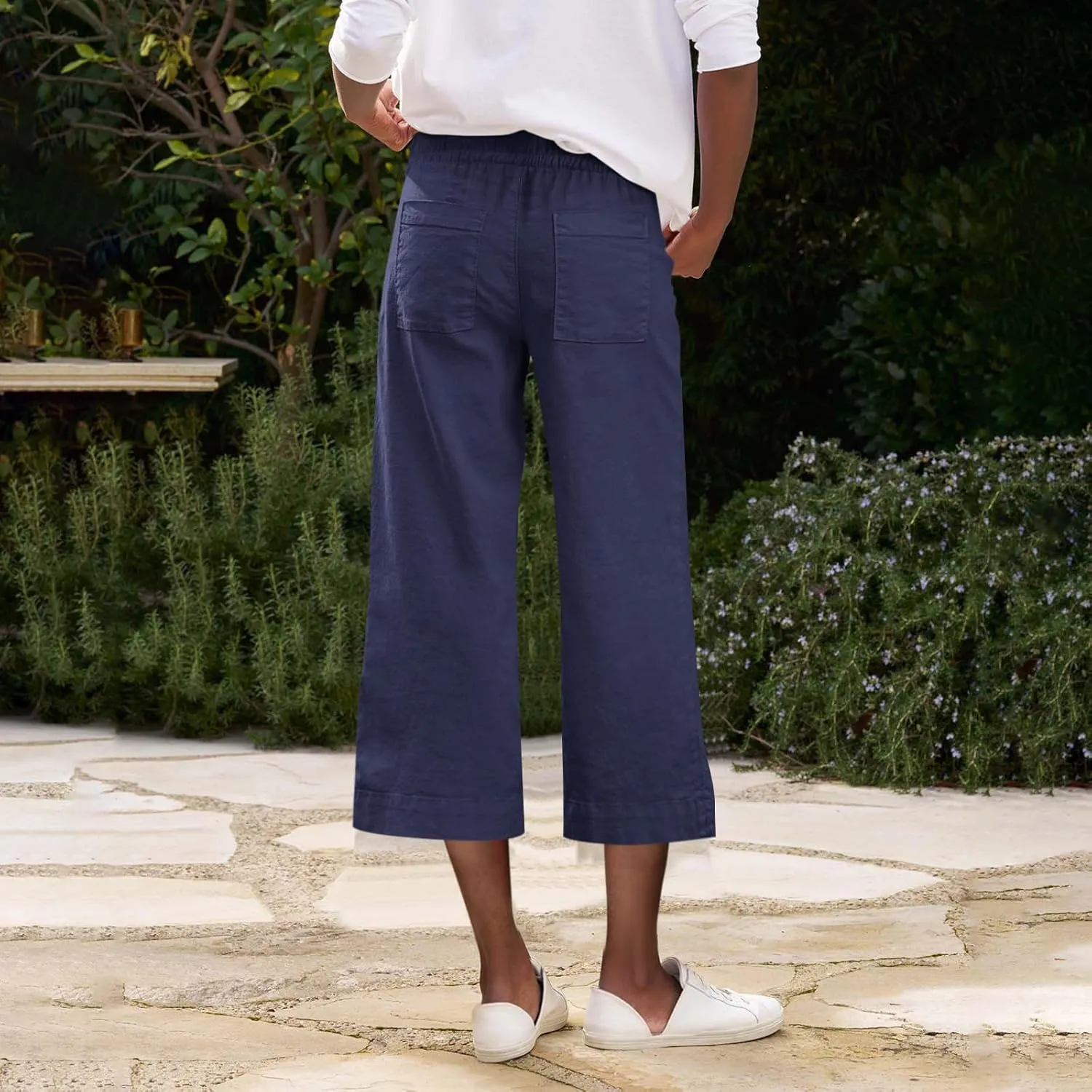 Pedal Pushers for Women Wide Leg Linen Capris with Pockets High Waisted Cropped Linen Pants Paperbag Gaucho Pants