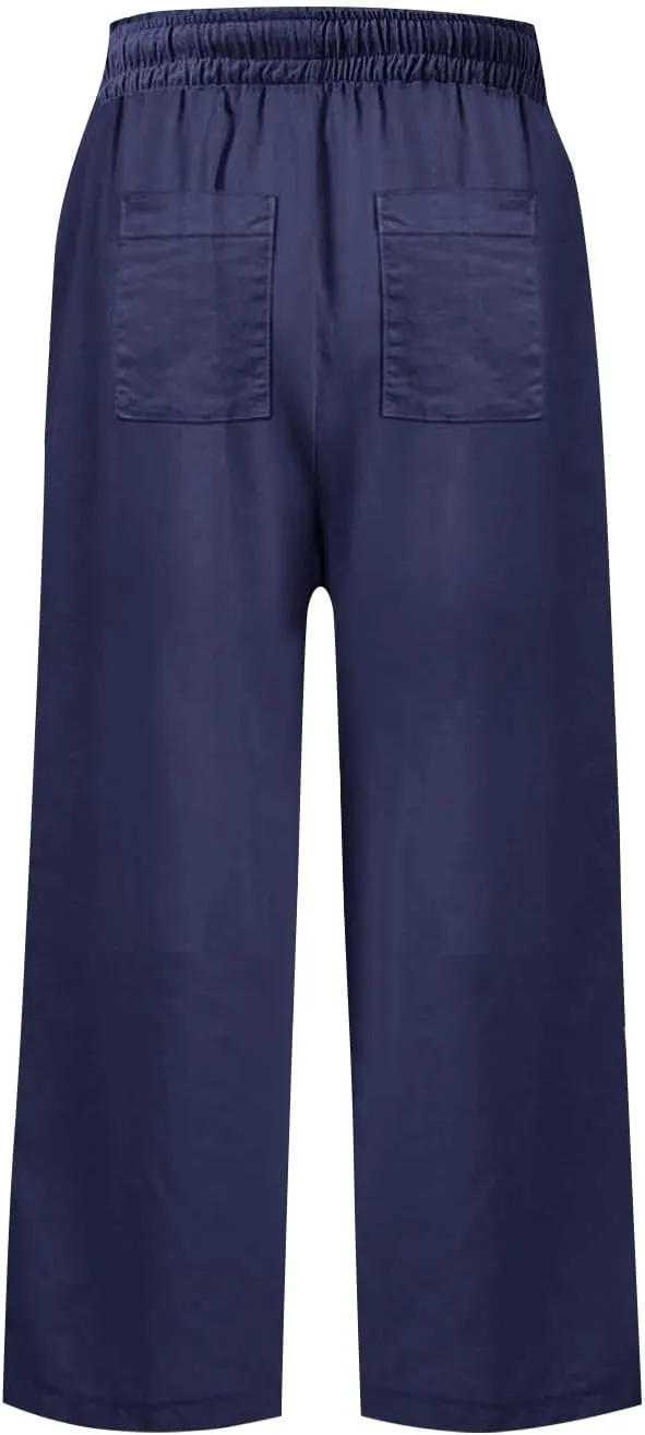 Pedal Pushers for Women Wide Leg Linen Capris with Pockets High Waisted Cropped Linen Pants Paperbag Gaucho Pants
