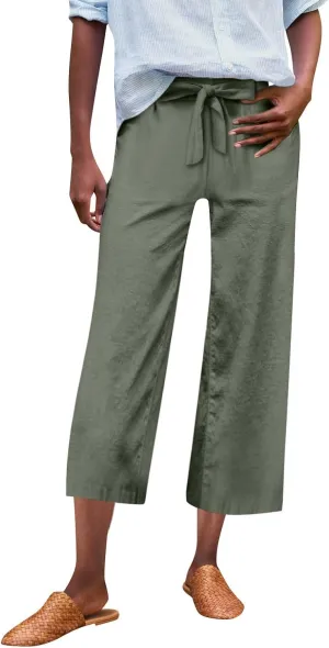 Pedal Pushers for Women Wide Leg Linen Capris with Pockets High Waisted Cropped Linen Pants Paperbag Gaucho Pants