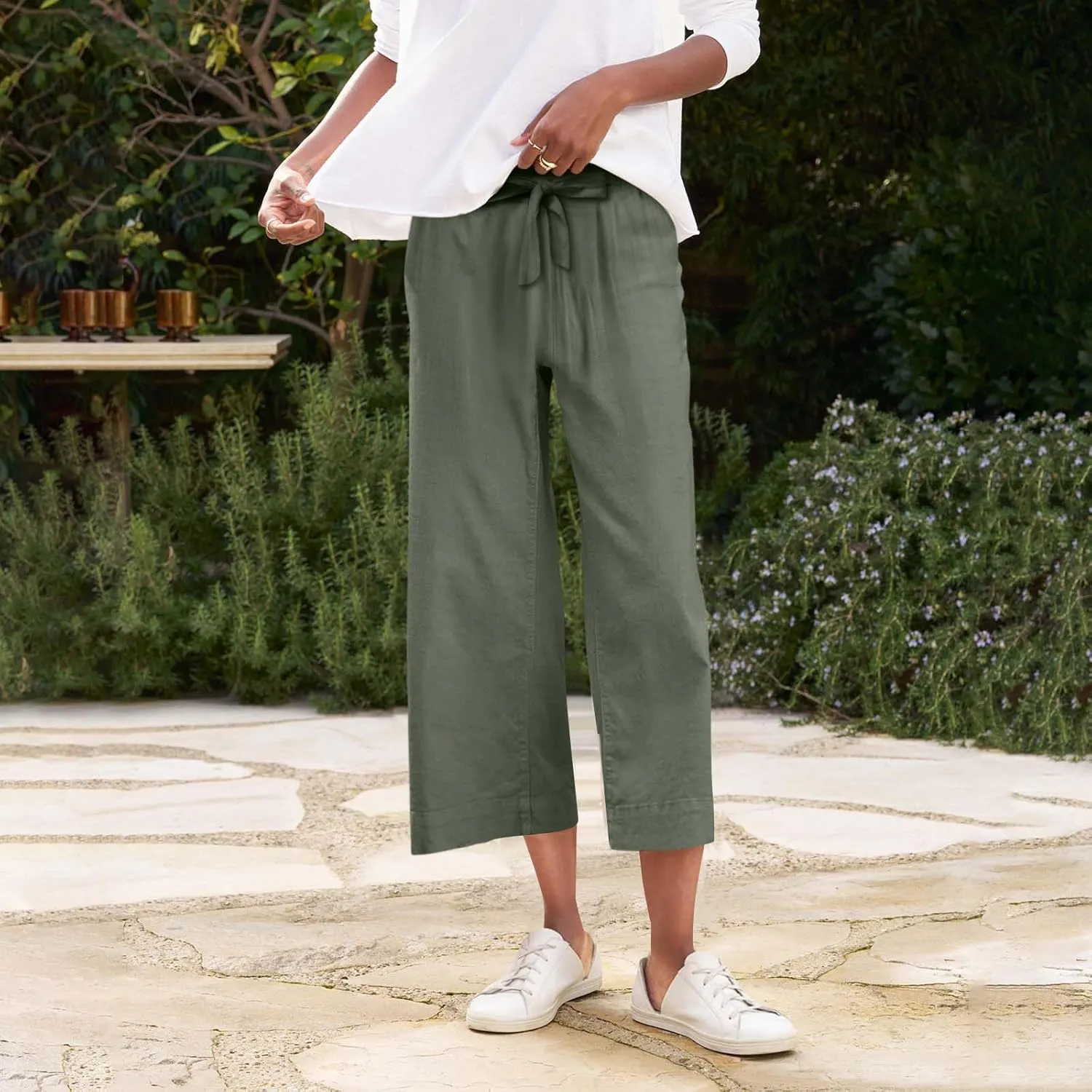 Pedal Pushers for Women Wide Leg Linen Capris with Pockets High Waisted Cropped Linen Pants Paperbag Gaucho Pants