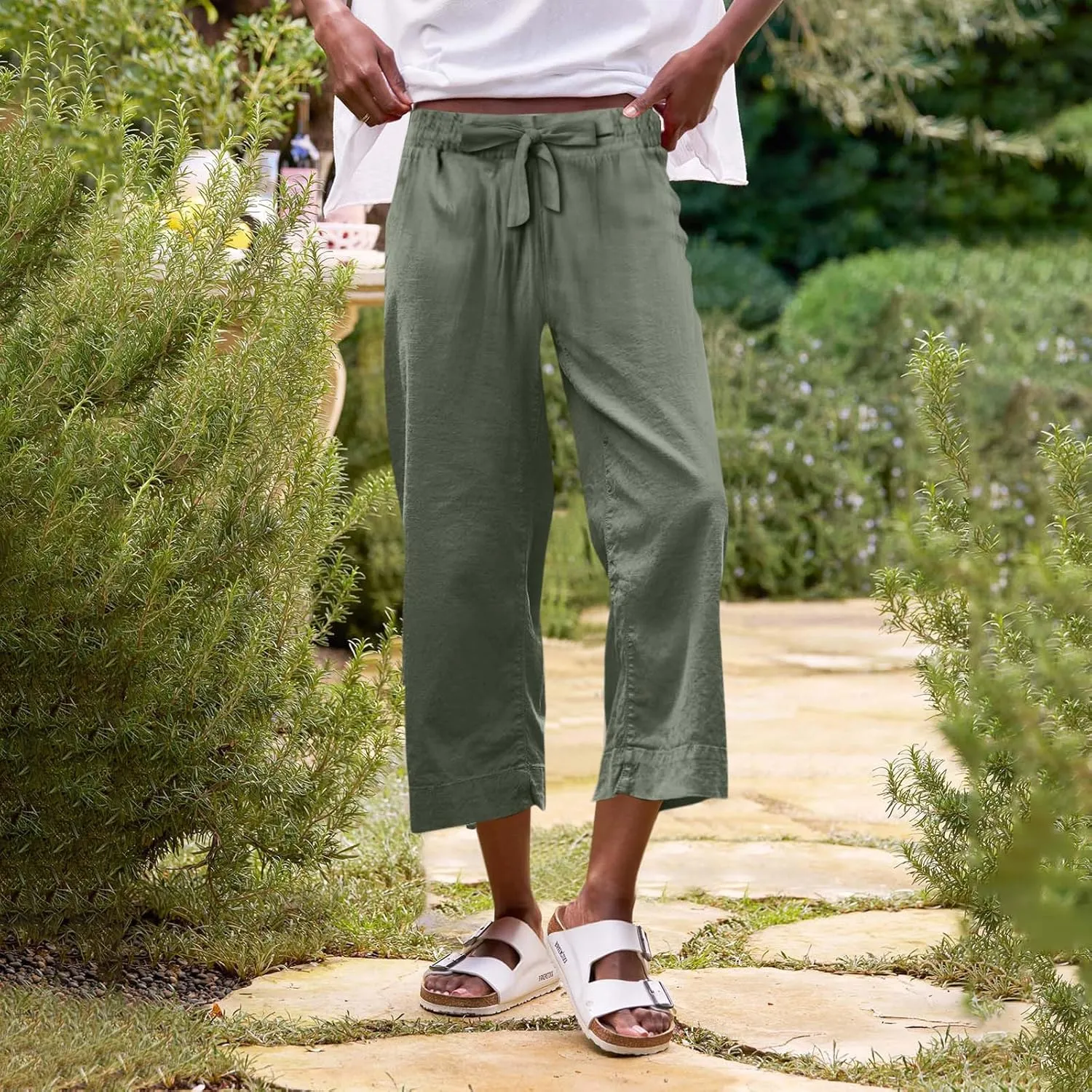 Pedal Pushers for Women Wide Leg Linen Capris with Pockets High Waisted Cropped Linen Pants Paperbag Gaucho Pants