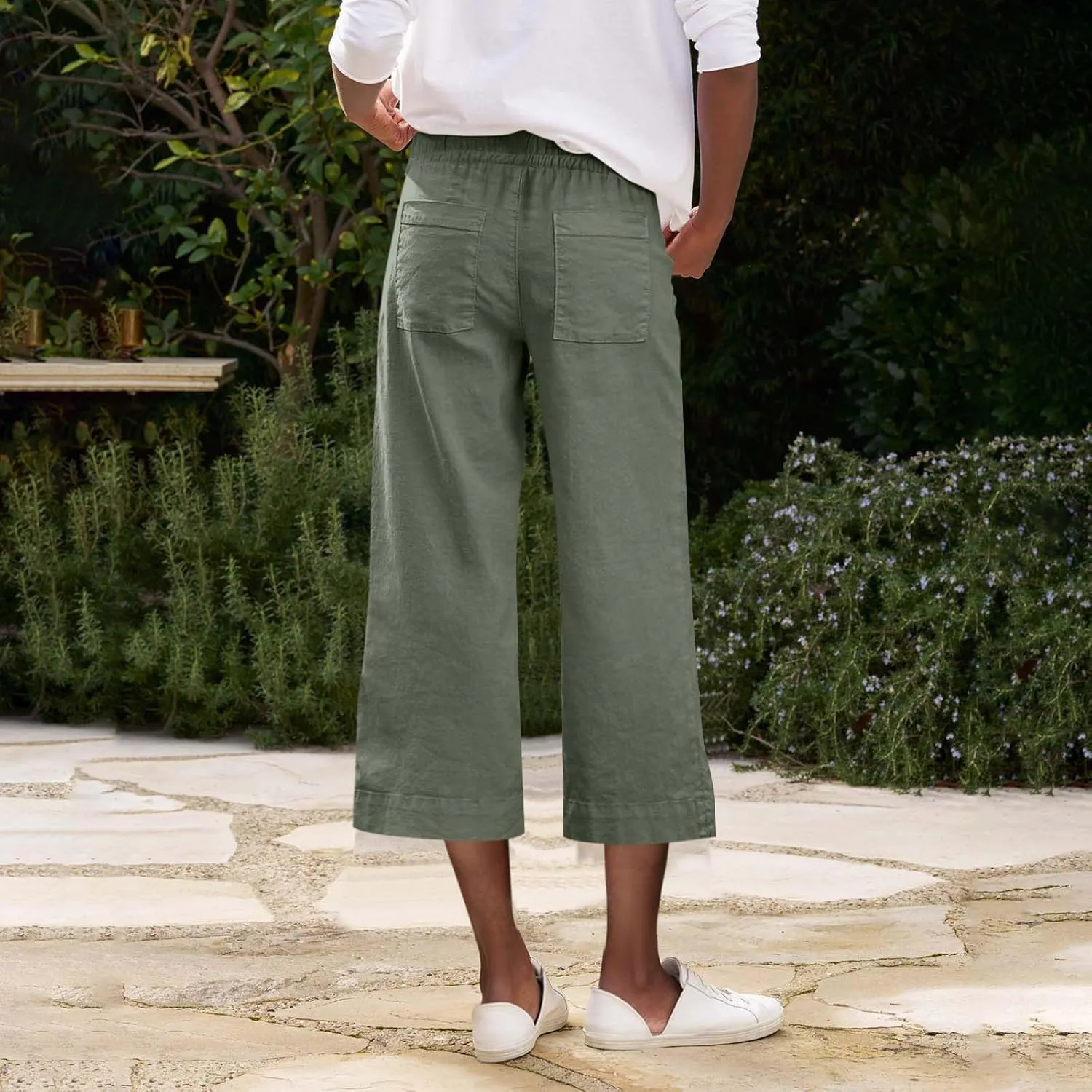 Pedal Pushers for Women Wide Leg Linen Capris with Pockets High Waisted Cropped Linen Pants Paperbag Gaucho Pants