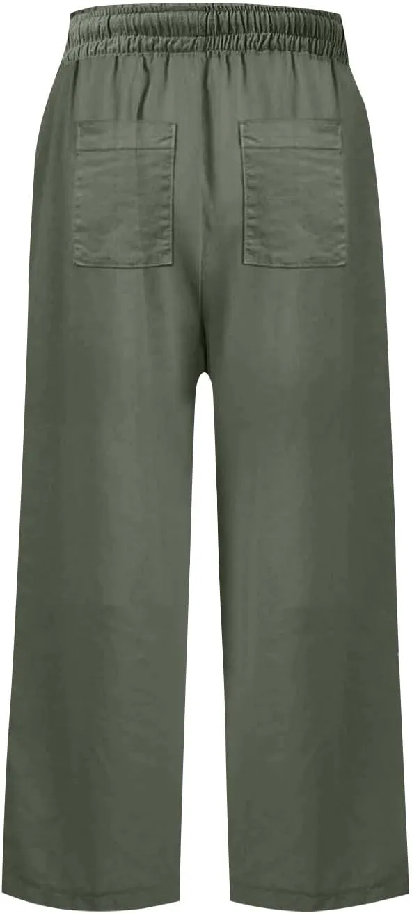 Pedal Pushers for Women Wide Leg Linen Capris with Pockets High Waisted Cropped Linen Pants Paperbag Gaucho Pants