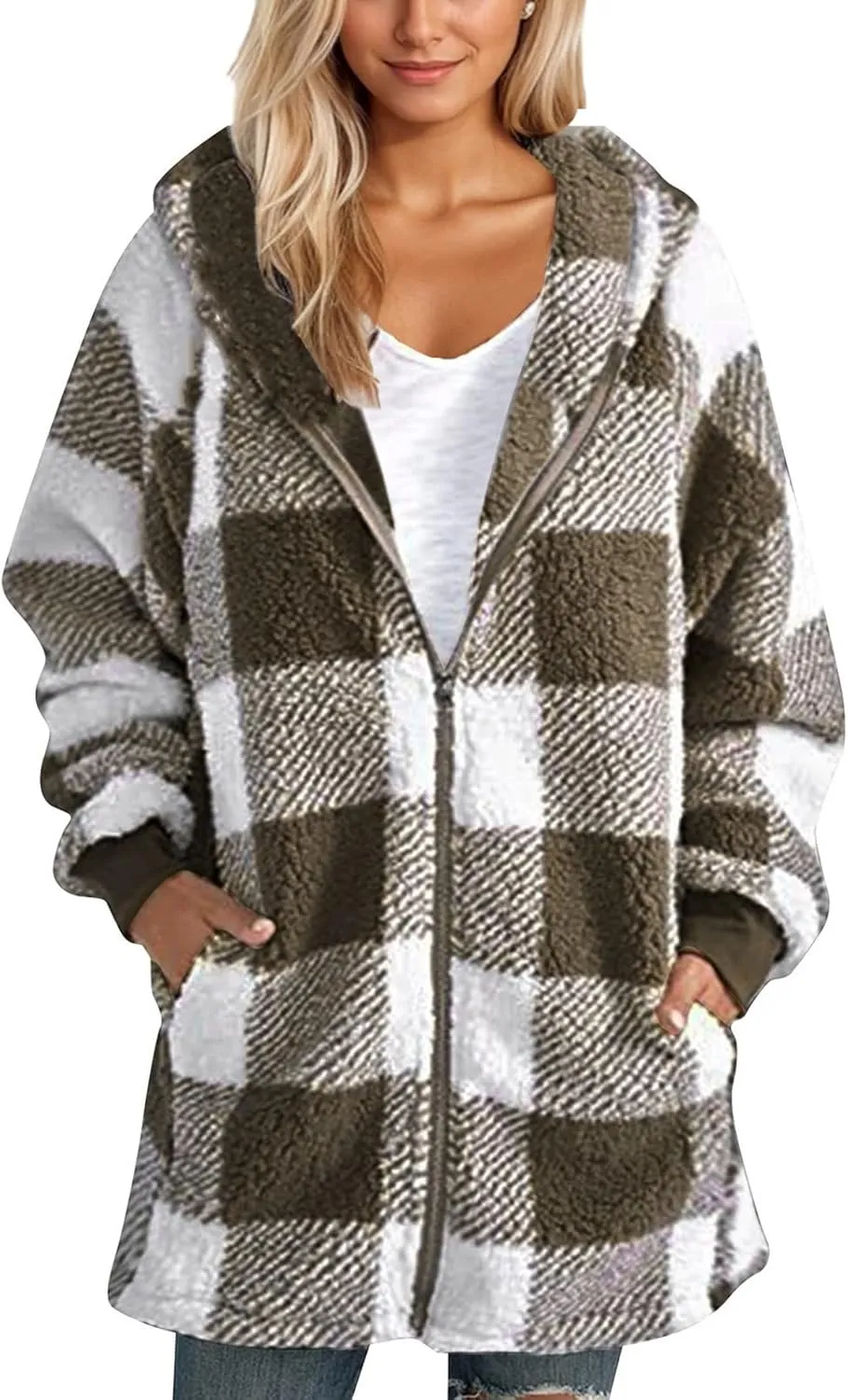 PETYCZEN Fleece Jacket Women Zip Up Fuzzy Sherpa Plaid Jacket with Hood Plus Size Teddy Coats Warm Fluffy Cardigan Jakcet
