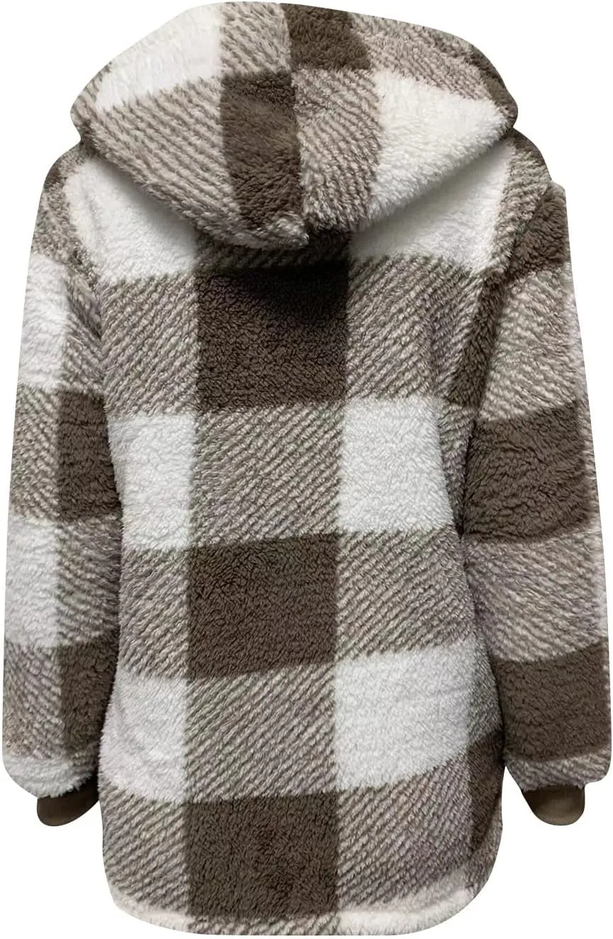 PETYCZEN Fleece Jacket Women Zip Up Fuzzy Sherpa Plaid Jacket with Hood Plus Size Teddy Coats Warm Fluffy Cardigan Jakcet