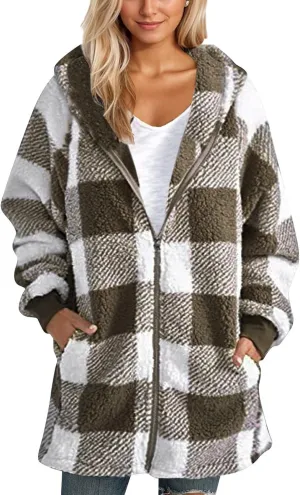 PETYCZEN Fleece Jacket Women Zip Up Fuzzy Sherpa Plaid Jacket with Hood Plus Size Teddy Coats Warm Fluffy Cardigan Jakcet