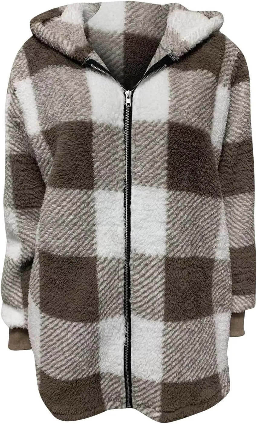 PETYCZEN Fleece Jacket Women Zip Up Fuzzy Sherpa Plaid Jacket with Hood Plus Size Teddy Coats Warm Fluffy Cardigan Jakcet