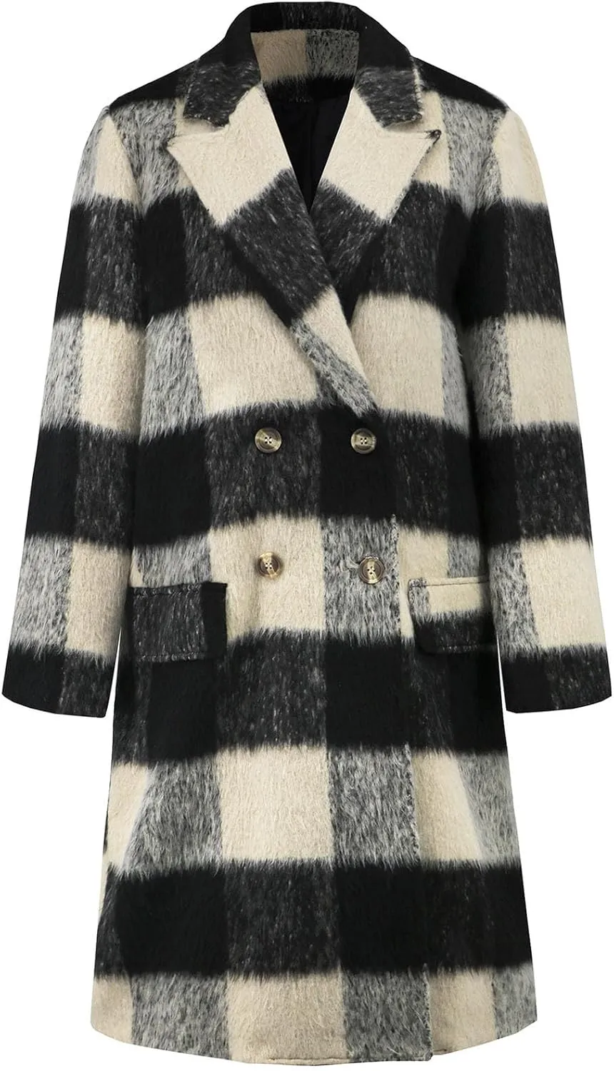Plaid Cardigans for Women Plaid Wool Trench Coat Shacket Lapel Button Down Woolen Blend Tartan Over Shirt Trench Coat