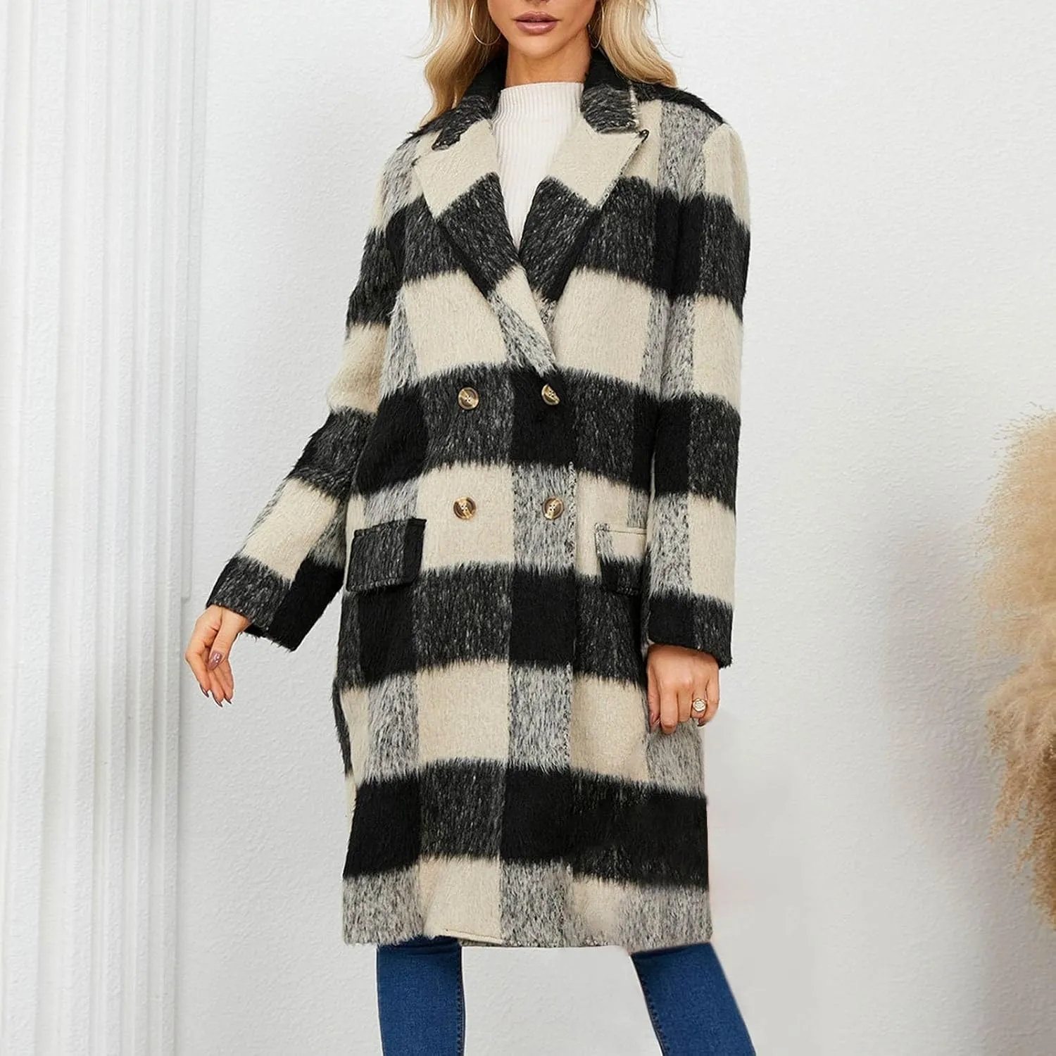 Plaid Cardigans for Women Plaid Wool Trench Coat Shacket Lapel Button Down Woolen Blend Tartan Over Shirt Trench Coat