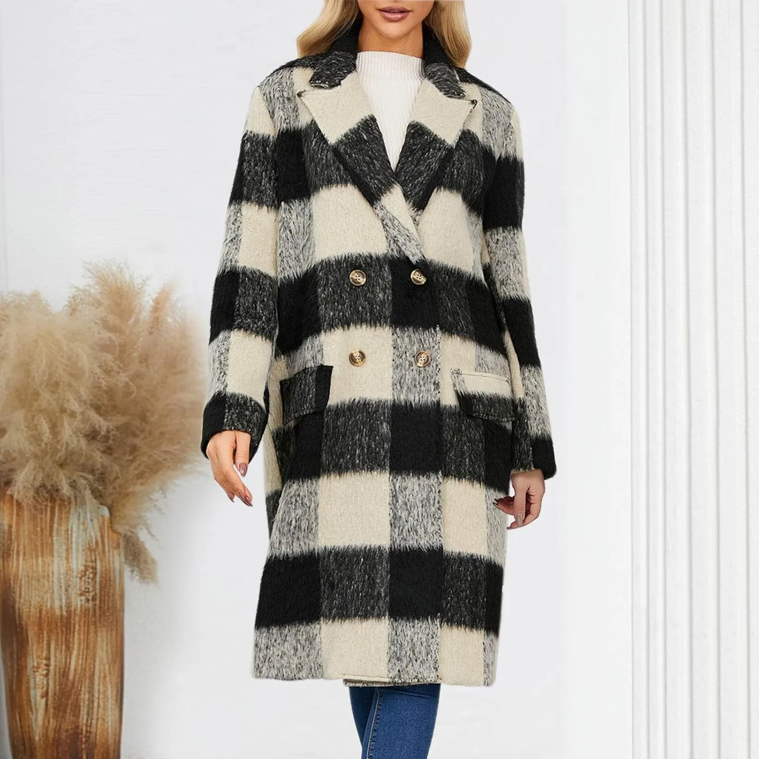 Plaid Cardigans for Women Plaid Wool Trench Coat Shacket Lapel Button Down Woolen Blend Tartan Over Shirt Trench Coat