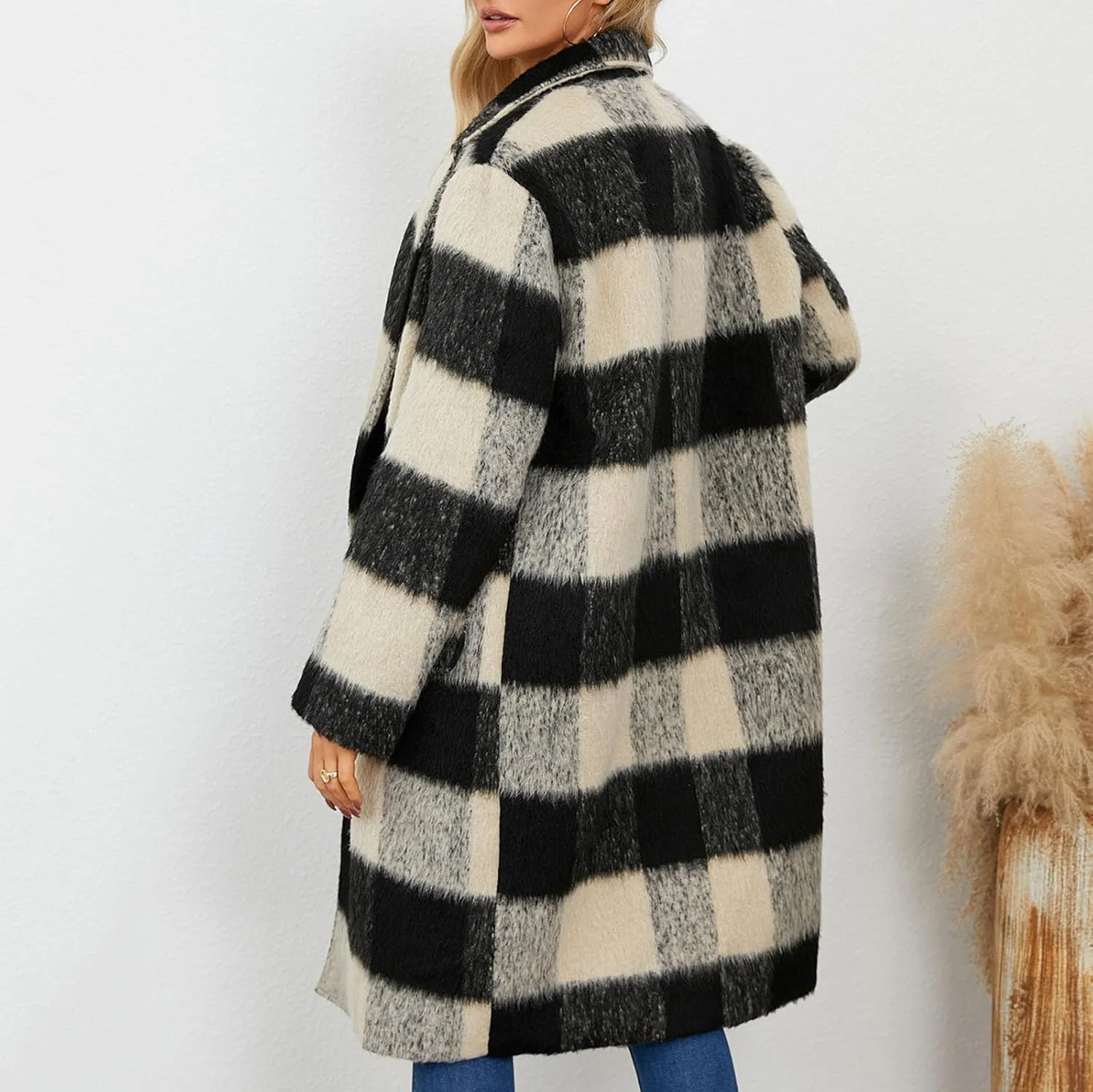 Plaid Cardigans for Women Plaid Wool Trench Coat Shacket Lapel Button Down Woolen Blend Tartan Over Shirt Trench Coat